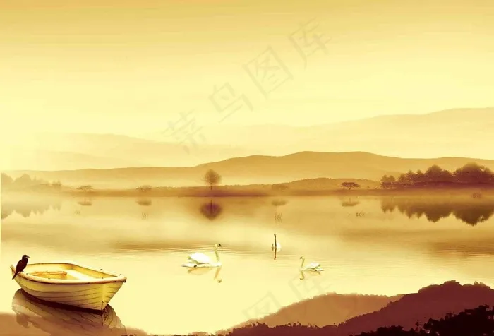 水墨湖景图片psd模版下载