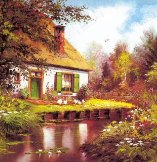 农村河边小屋唯美风景油画素材