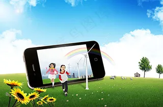 草地上的儿童与智能手机