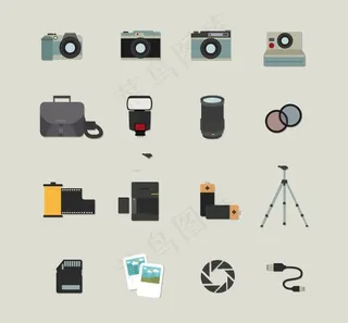 16个扁平化摄影设备图标矢量图下载