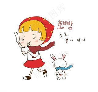 女孩和兔子吃豆沙包图片