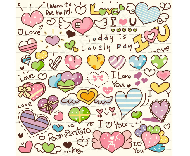 各种情人节手绘插画构成的图案