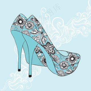 高跟鞋高跟鞋复古花织物的背景与地方...