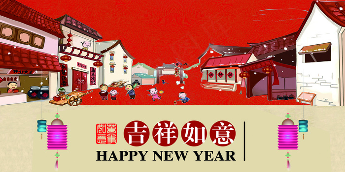 2018插画可爱萌趣狗狗新年贺卡psd模版下载