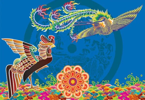 中国传统鸾凤齐鸣ai矢量模版下载