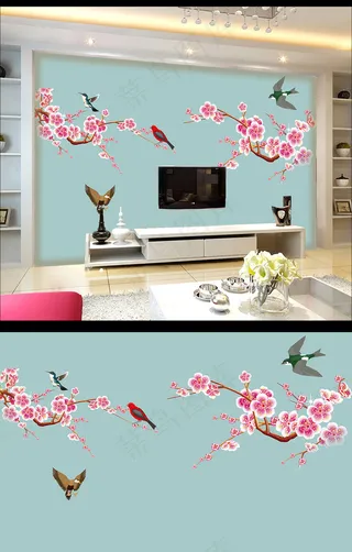简约风手绘花鸟背景墙手绘桃花背景墙...