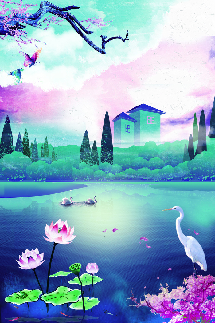 唯美风景新中式手绘插画背景素材