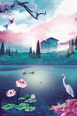 唯美风景新中式手绘插画背景素材
