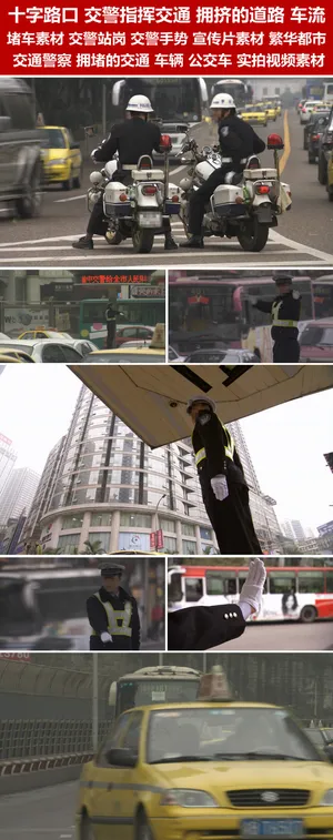 十字路口交警指挥拥挤的车流人流视频...