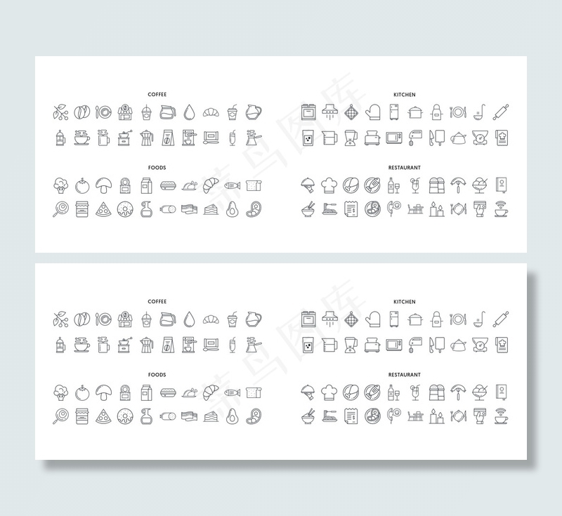 多款黑白线条食物餐厅图标iconpsd模版下载