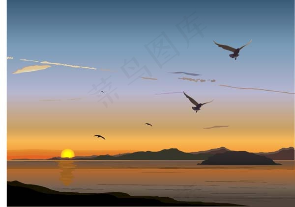 夕阳卡通风景矢量素材