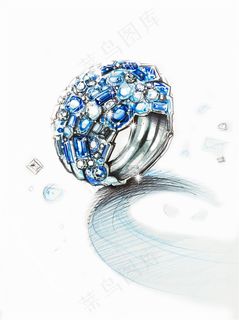 手绘闪耀蓝宝石指环钻戒设计素材