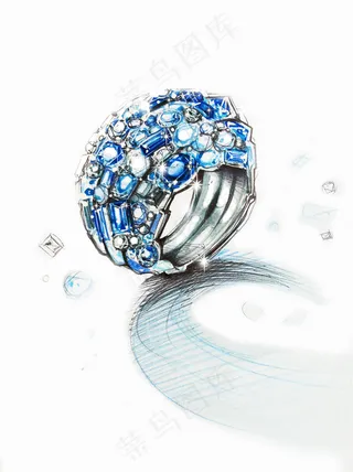 手绘闪耀蓝宝石指环钻戒设计素材