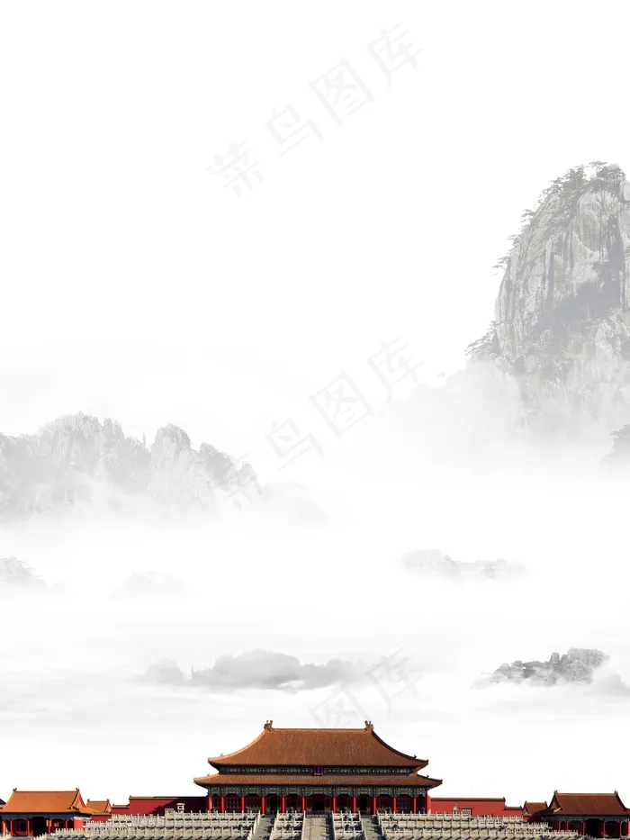 黑白古风山水水墨城市建筑背景素材