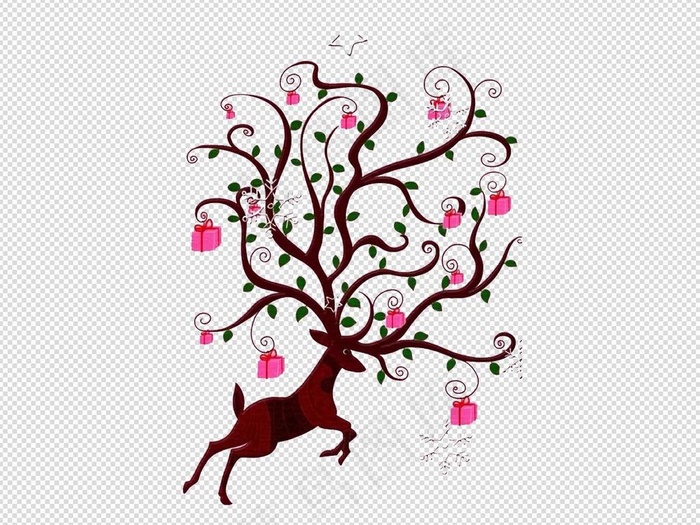 实物卡通手绘插画麋鹿梅花鹿鹿角PN...
