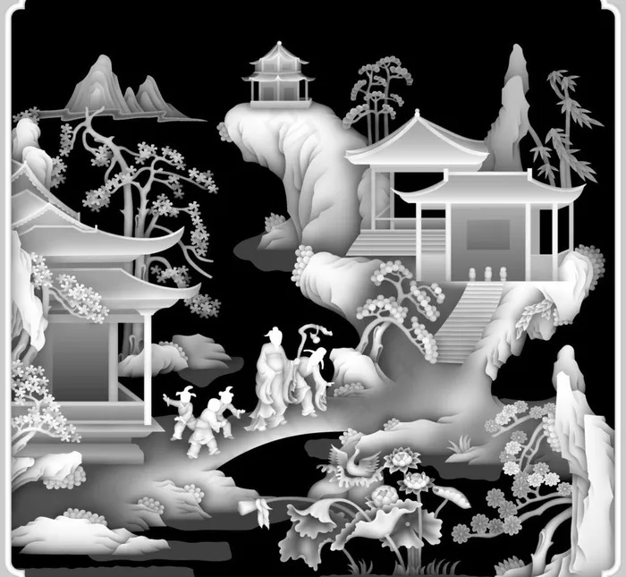 山水人物灰度图图片