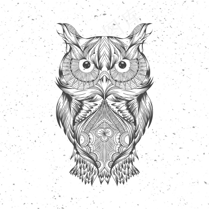 卡通动物黑白画猫头鹰无框画素材