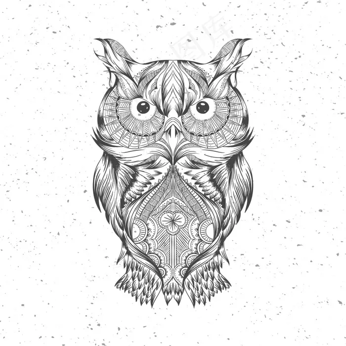 卡通动物黑白画猫头鹰无框画素材