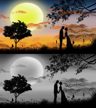 剪影、情侣、晚霞、场景合成、黑白色...