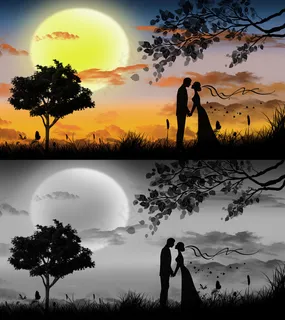 剪影、情侣、晚霞、场景合成、黑白色... 剪影、情侣、晚霞、场景合成、黑白色...