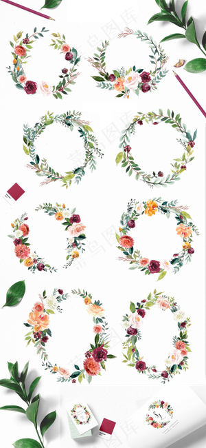 手绘清新水彩插花花环