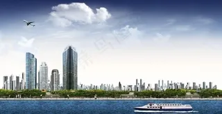 海天一色 现代城市 楼房 海边 建...