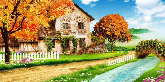 小桥流水人家装饰画(2835X1417(DPI:72))psd模版下载