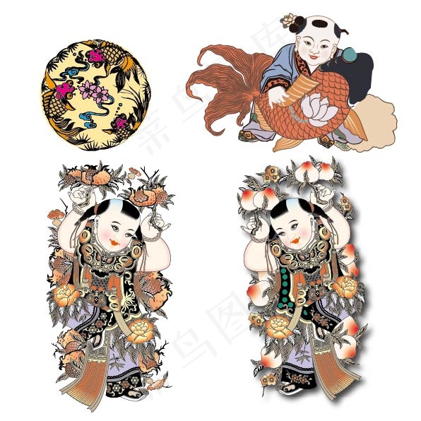 新年春节年画挂画人物素材eps,ai矢量模版下载