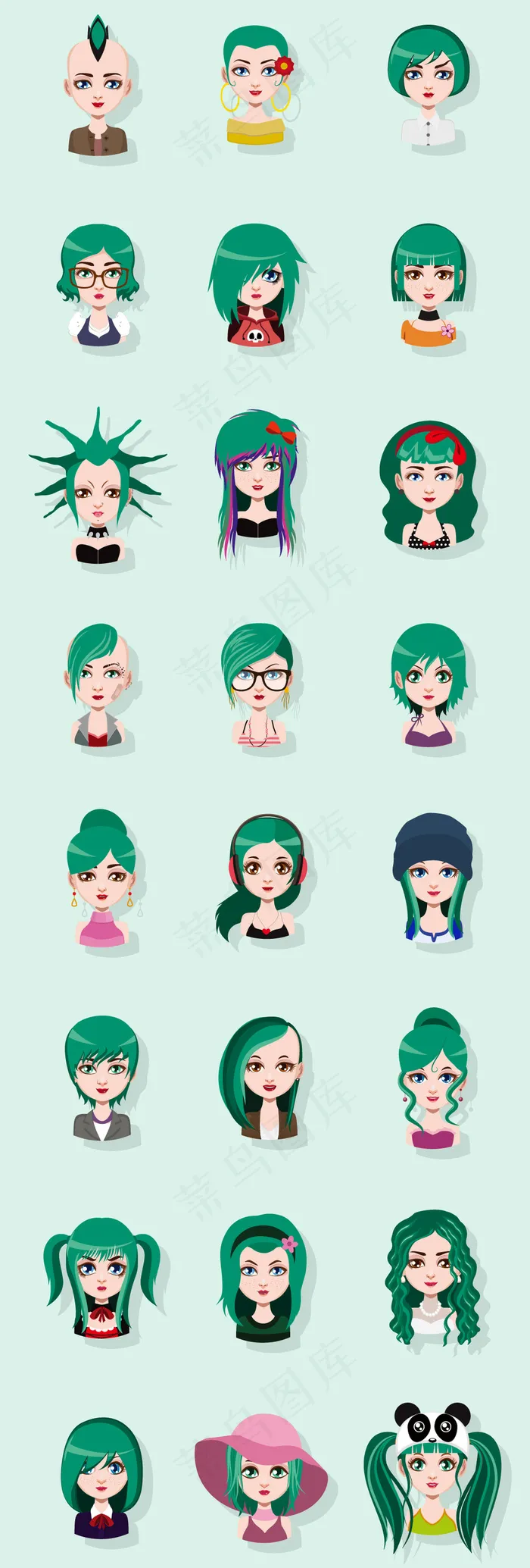 绿色卡通插画风格美女人物元素矢量