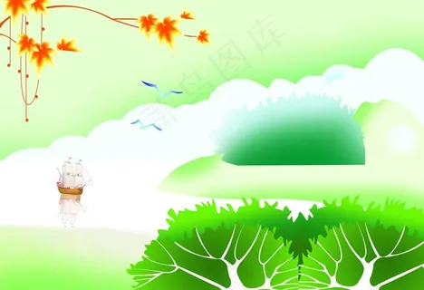 青山绿水写意风景psd素材