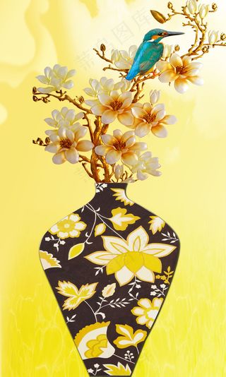 高雅大气中式复古花瓶彩雕玉兰花小鸟...