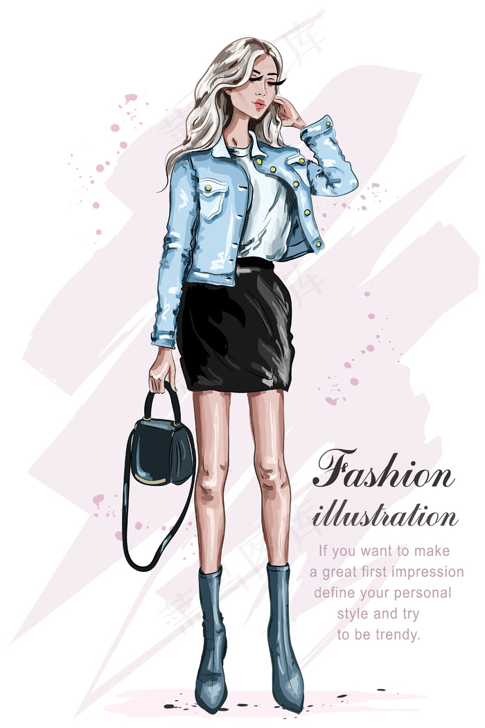 手绘性感时髦美女购物逛街水彩人物素...