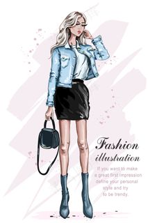 手绘性感时髦美女购物逛街水彩人物素...