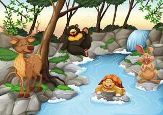 小溪旁的卡通动物漫画