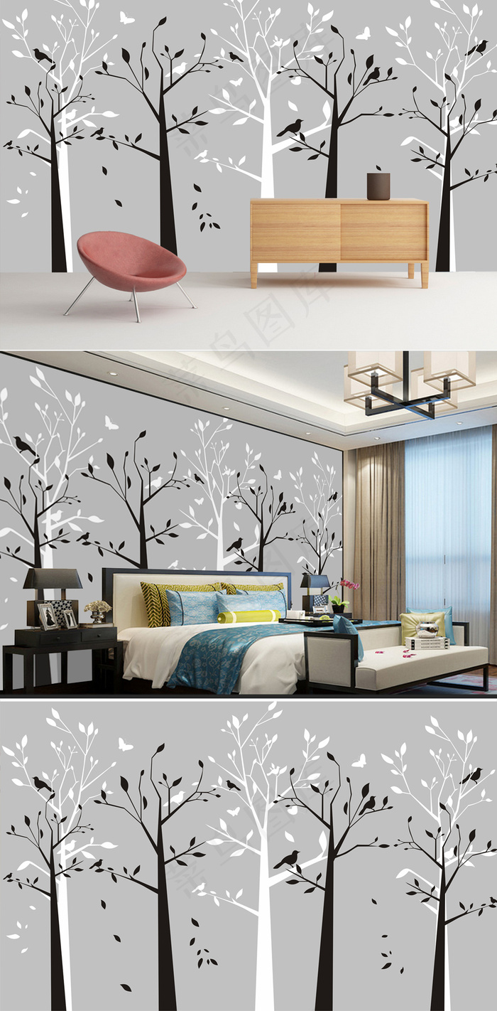 北欧背景墙复古森林简约背景抽象手绘...