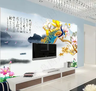 水墨中国风富贵孔雀图背景墙