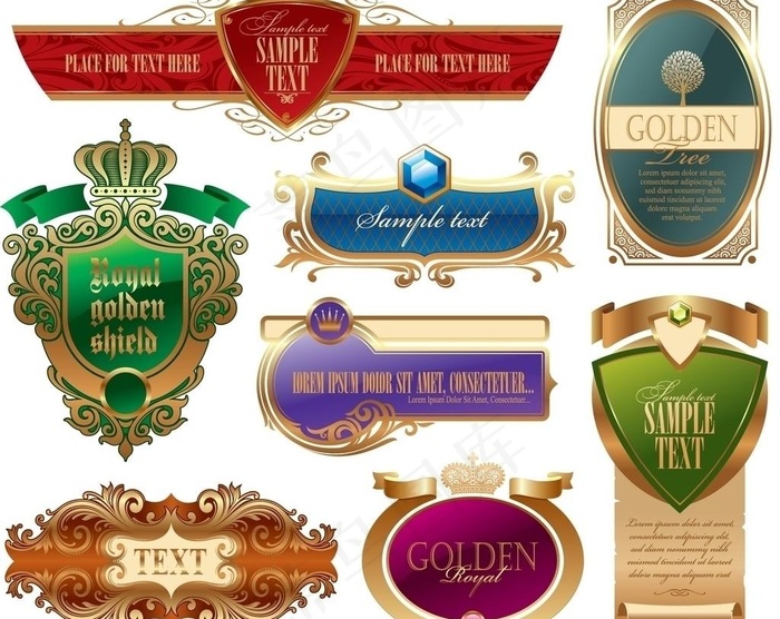 金色皇冠盾牌丝带标签图片