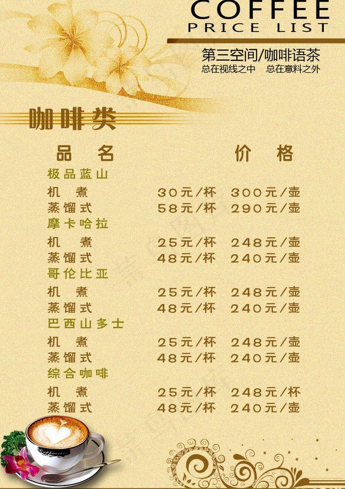 咖啡价目表图片psd模版下载