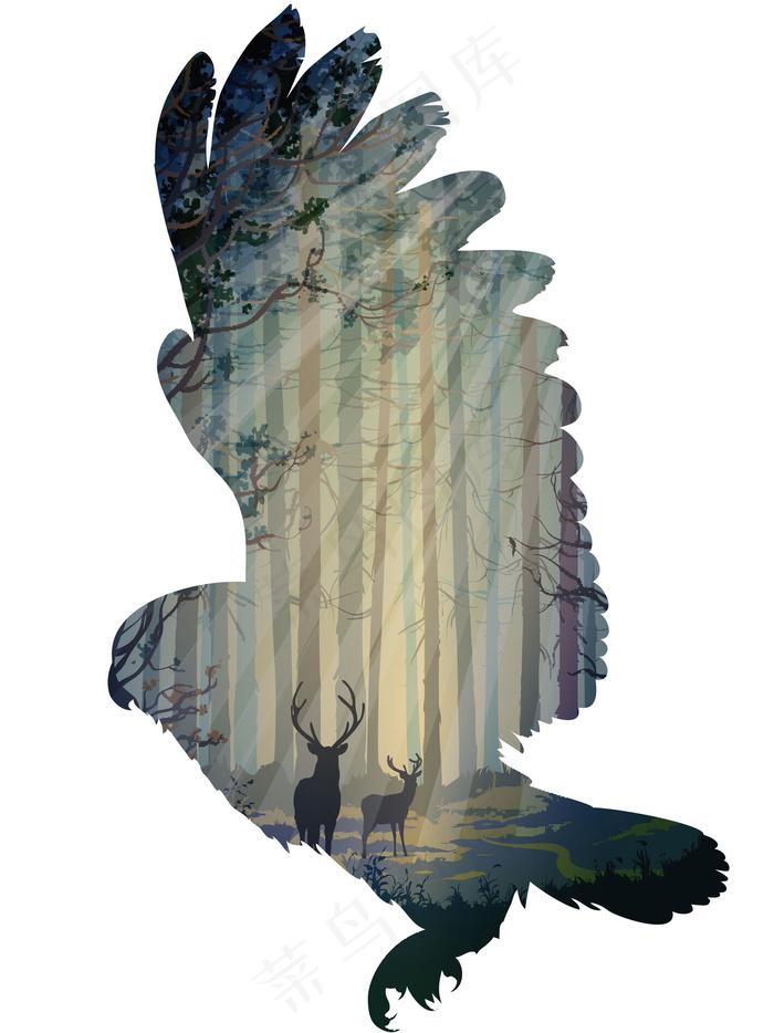 水彩鹿森林鹿剪影麋鹿剪影森林素材圣...