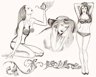 素描的女孩和装饰矢量