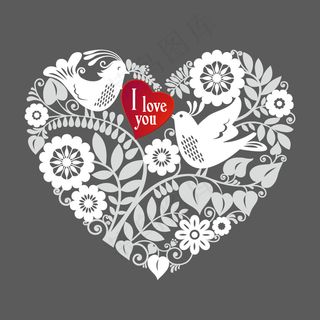 爱心小鸟花朵情人节背景矢量素材