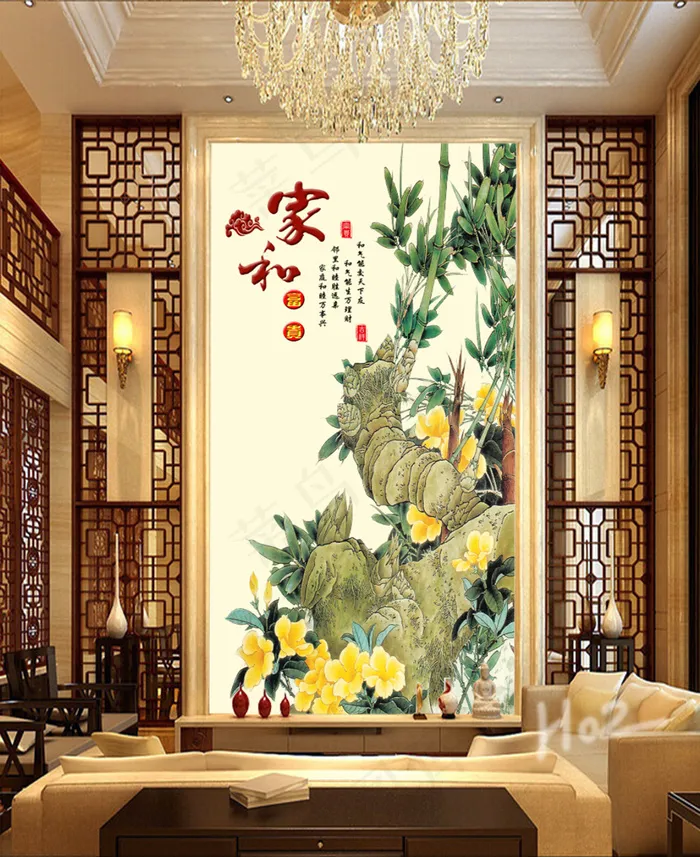 家和富贵杜鹃富贵竹中式背景墙玄关(3402X6803(DPI:72))psd模版下载