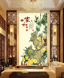 家和富贵杜鹃富贵竹中式背景墙玄关 家和富贵杜鹃富贵竹中式背景墙玄关