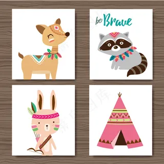 各种小动物插画背景元素简约挂画AI...