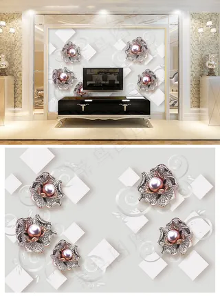 欧式花纹珍珠珠宝花朵3d立体电视背...