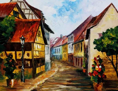 油画 小镇景色图片