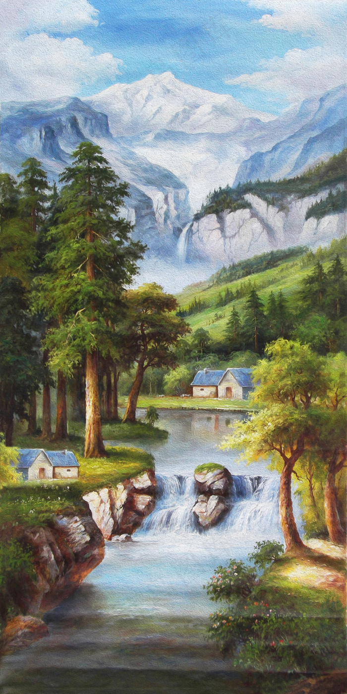 高清山水风景油画玄关门厅背景墙