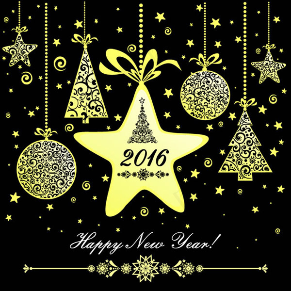 2016年金色挂饰新年贺卡矢量素材...