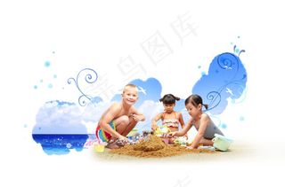 沙滩玩沙子的小朋友PSD素材