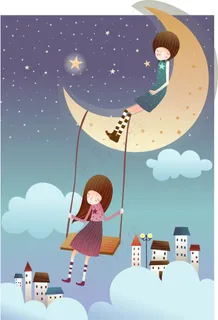 在月亮上荡秋千的情侣 AI矢量素材